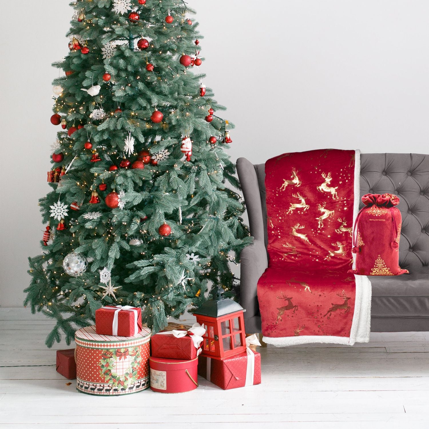 VESTIAMO CASA GRAN NATALE - Plaid Coperta Natalizia Rosso e Oro 125x150 cm